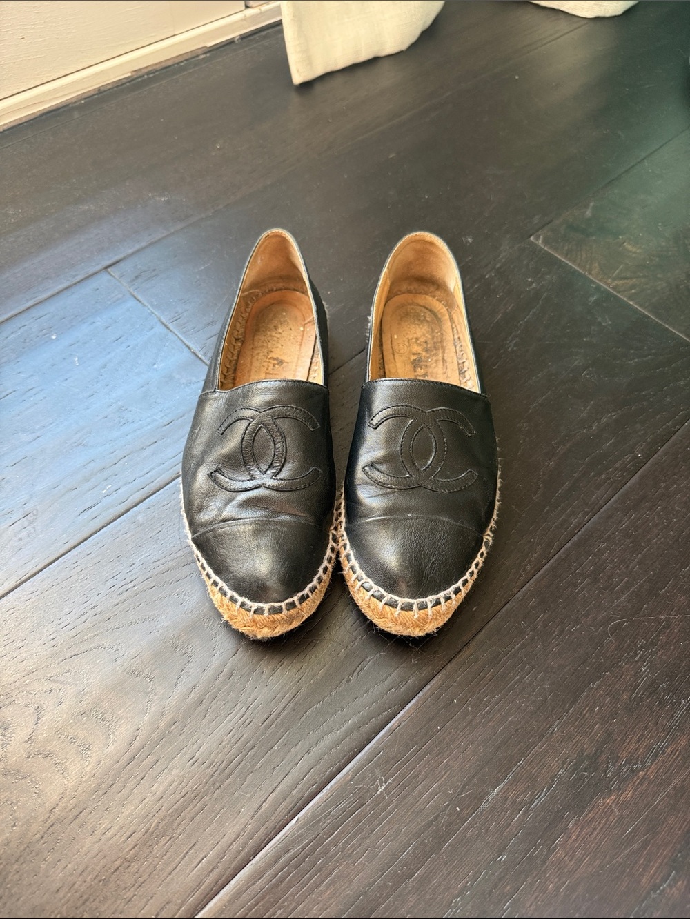 CHANEL Black Leather Espadrilles with Jute Trim